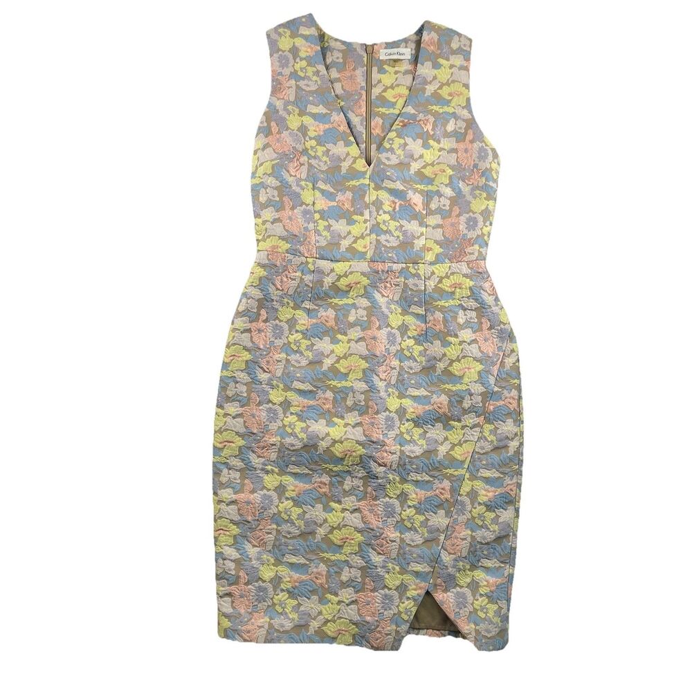 Calvin Klein Floral Pastel Embroidered Sheath Dress Sleeveless Pencil- 2